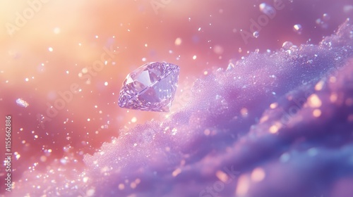 A sparkling diamond floats weightlessly, enveloped by silver diamond dust against a soft, glowing background. photo