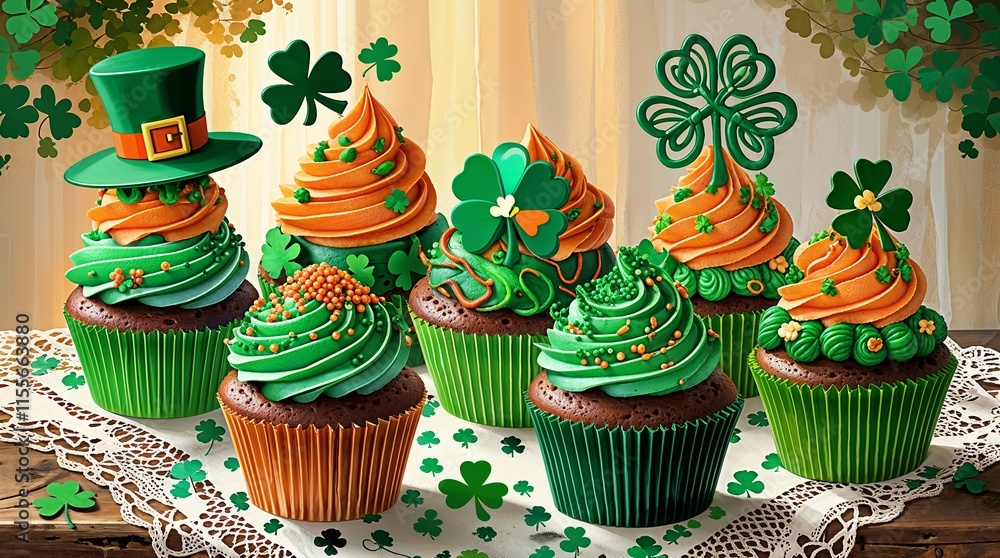 Festive St. Patrick's Day cupcakes decorated with green frosting, clovers, and hats Festive St. Patrick's Day cupcakes decorated with green frosting, clovers, and hats