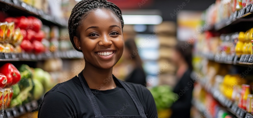 A smiling woman in an apron stands in a grocery store aisle filled with products. A smiling woman in an apron stands in a grocery store aisle filled with products.
