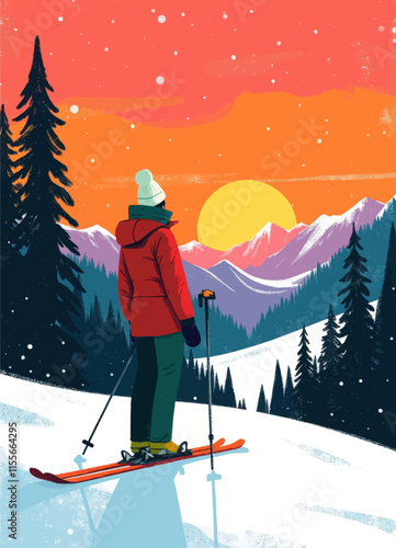 Skiing at Sunset: Solo Journey in Snowy Mountains