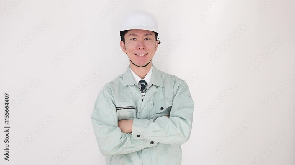 腕組みをするヘルメットをした作業員の男性 腕組みをするヘルメットをした作業員の男性