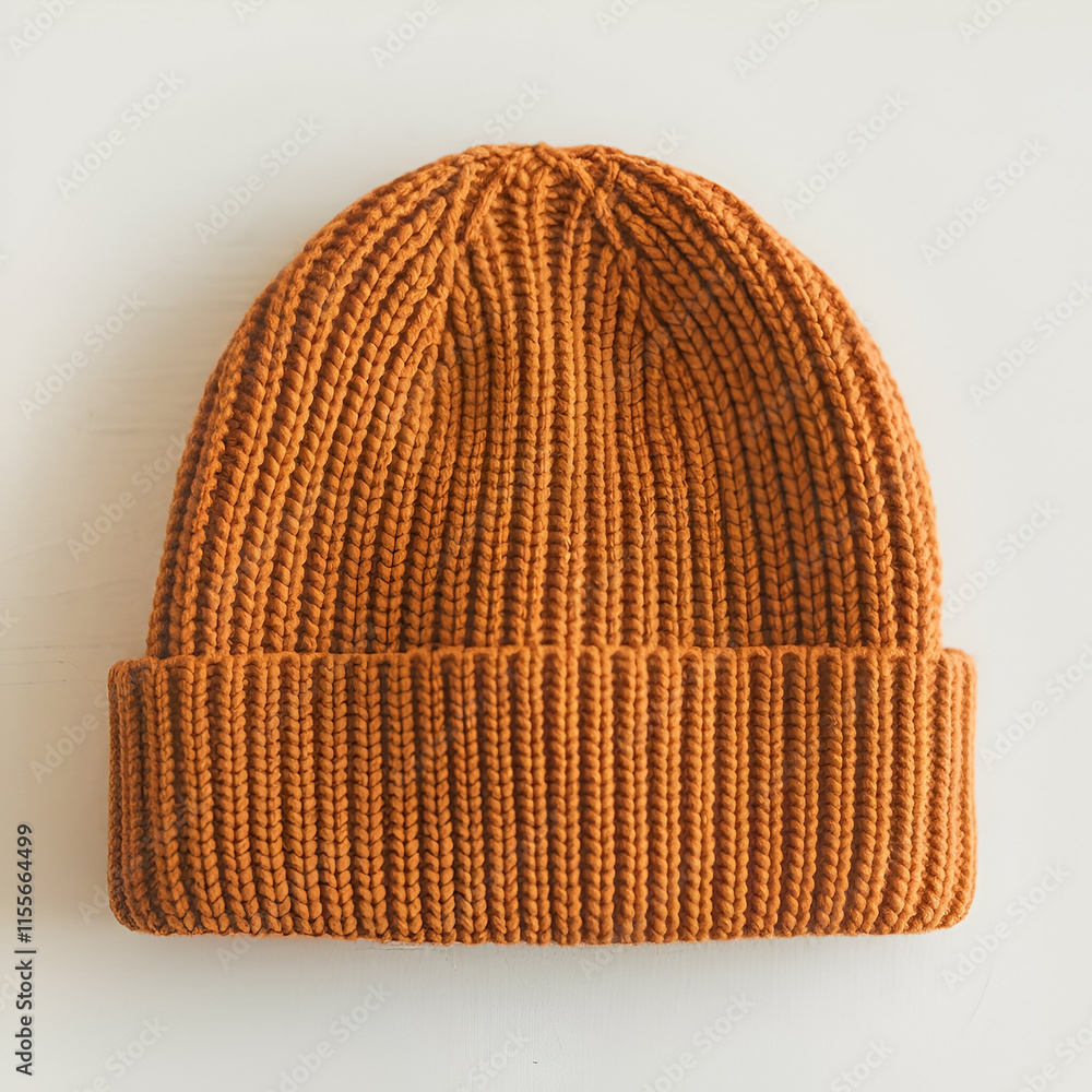 Fototapeta premium Orange knitted wool winter beanie with ribbed texture and a folded brim. Trendy color Ideal for keeping warm in cold weather Isolated on transparent and white background.