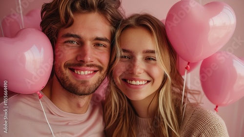 With heart-shaped balloons, a happy young couple may celebrate Valentine's Day in style, Generative Ai.