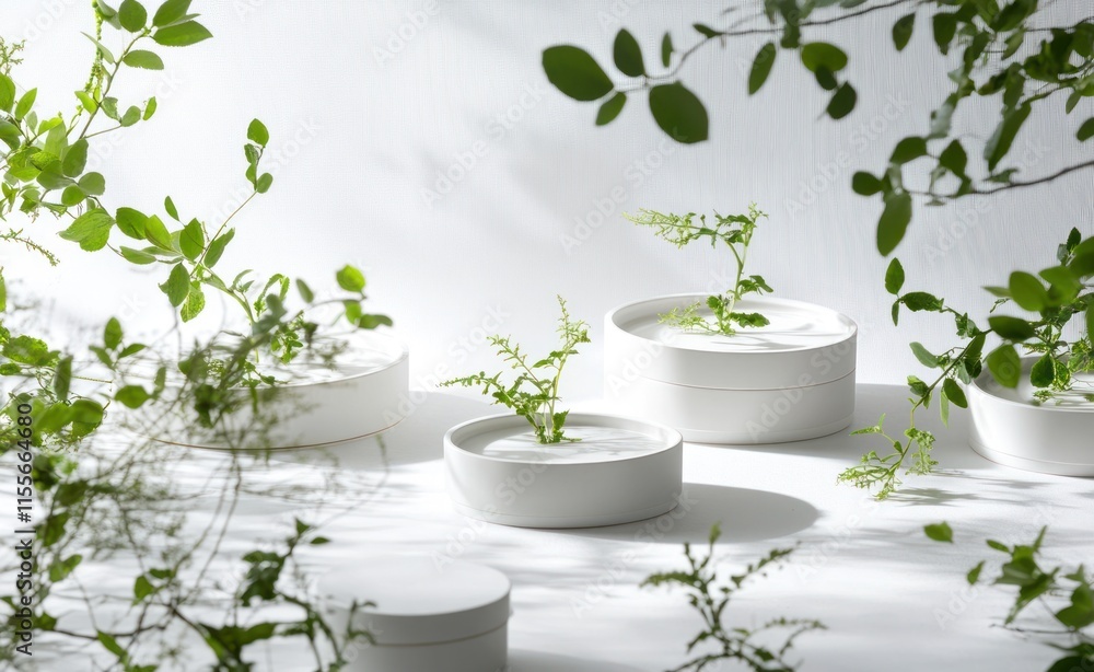 Minimalist scene of small plants in white ceramic bowls, sunlit. Minimalist scene of small plants in white ceramic bowls, sunlit.