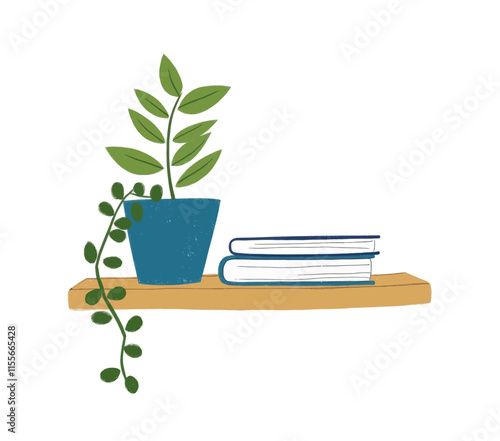 Shelf with Blue Pot Plant and Stack of Books