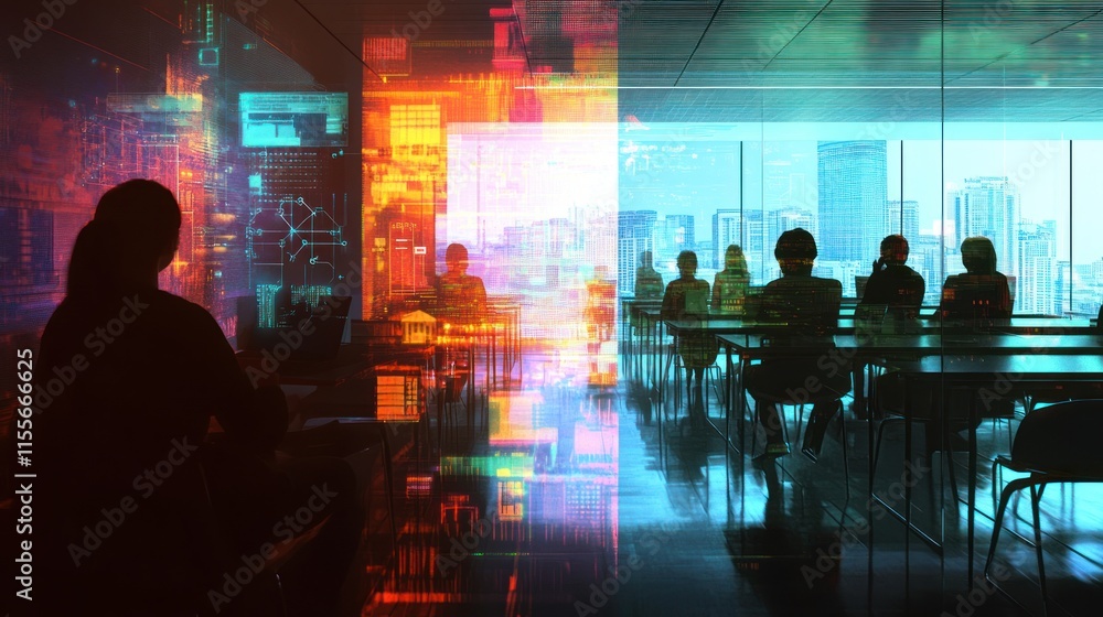 Silhouetted figures in a futuristic office, one working on a laptop, others in a meeting, with a vibrant city view. Silhouetted figures in a futuristic office, one working on a laptop, others in a meeting, with a vibrant city view.