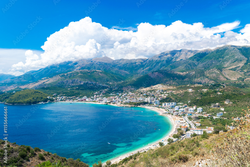 Fototapeta premium Panoramic view from the top on the resort Himare town. Ionian sea. Albania.