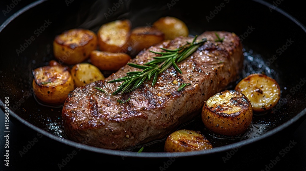 Juicy grilled steak with roasted potatoes in a cast iron skillet, garnished with rosemary. Perfect for a delicious meal. Juicy grilled steak with roasted potatoes in a cast iron skillet, garnished with rosemary. Perfect for a delicious meal.