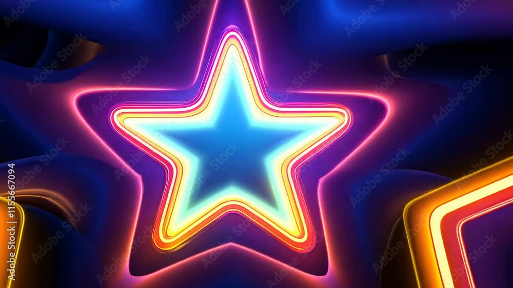 Neon glowing star in blue and pink hues on abstract background Neon glowing star in blue and pink hues on abstract background