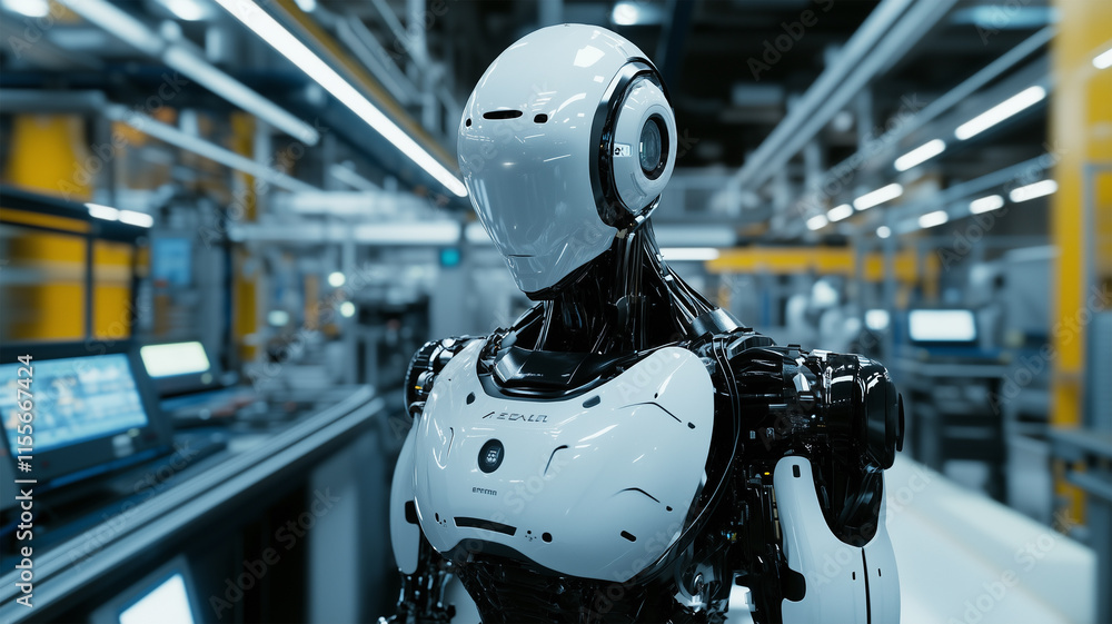 Fototapeta premium 工場内で製造ラインの動作検証を行う人型ロボット