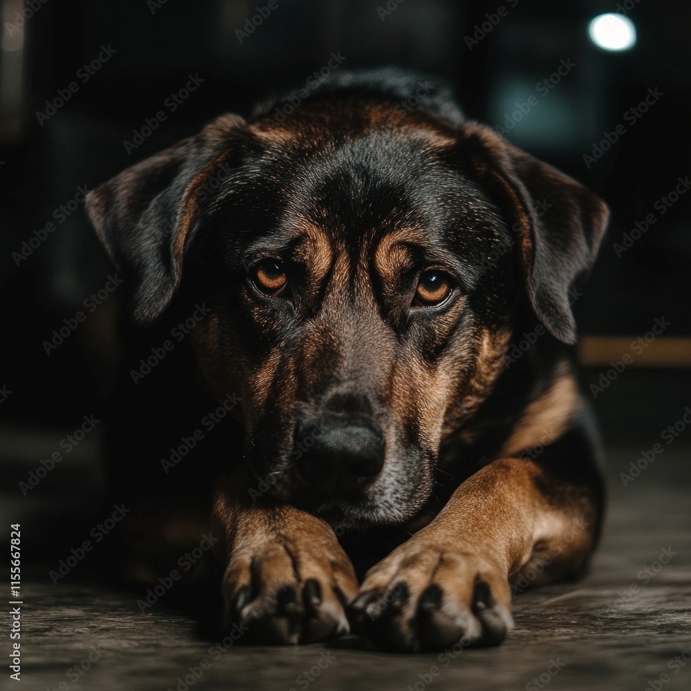 Labrador-rottweiler mix resting on floor with melancholic expression at night Labrador-rottweiler mix resting on floor with melancholic expression at night