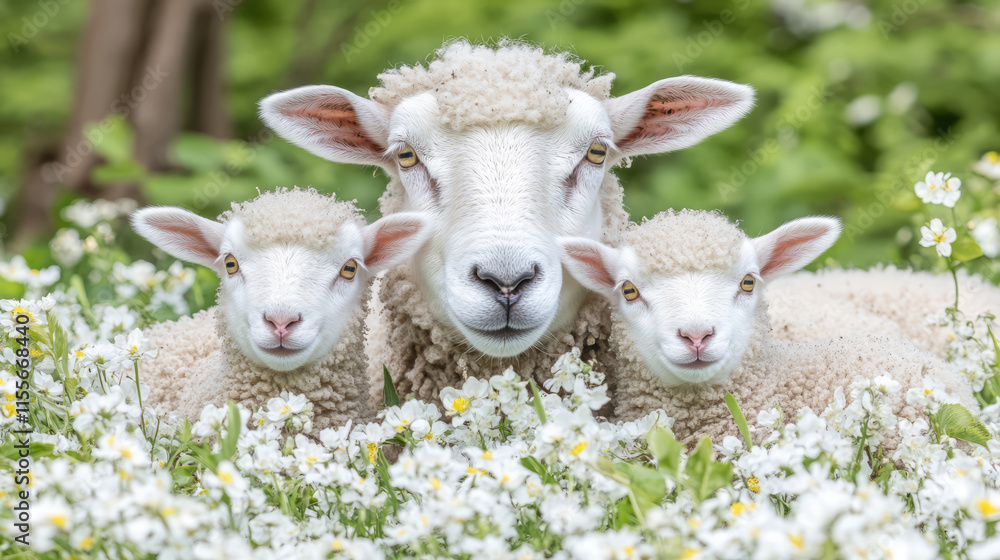 Obraz premium Ewe and Lambs in a Meadow of White Flowers