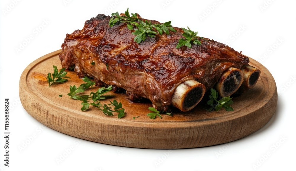 Roasted pork ribs on wooden board, garnished with parsley. Roasted pork ribs on wooden board, garnished with parsley.