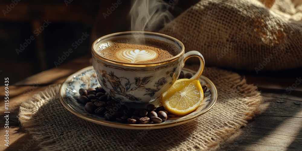 Steaming cup of coffee with latte art, lemon slice, and coffee beans on rustic wooden table. Steaming cup of coffee with latte art, lemon slice, and coffee beans on rustic wooden table.