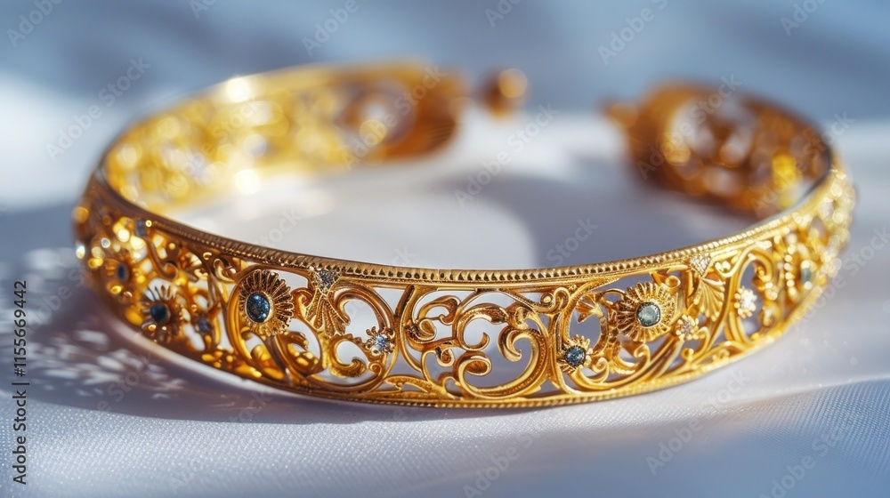 Ornate Gold Bangle with Intricate Filigree and Gemstones Ornate Gold Bangle with Intricate Filigree and Gemstones