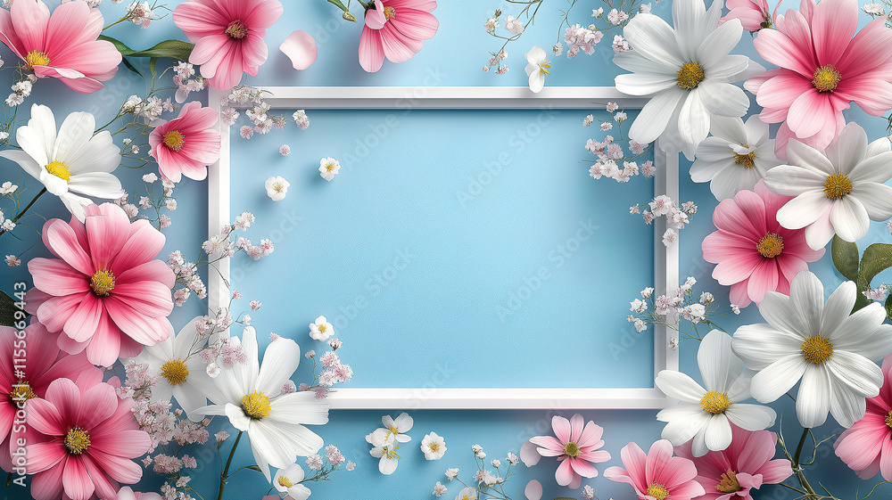 Beautiful spring flowers creating an elegant border for cards on a blue background Beautiful spring flowers creating an elegant border for cards on a blue background