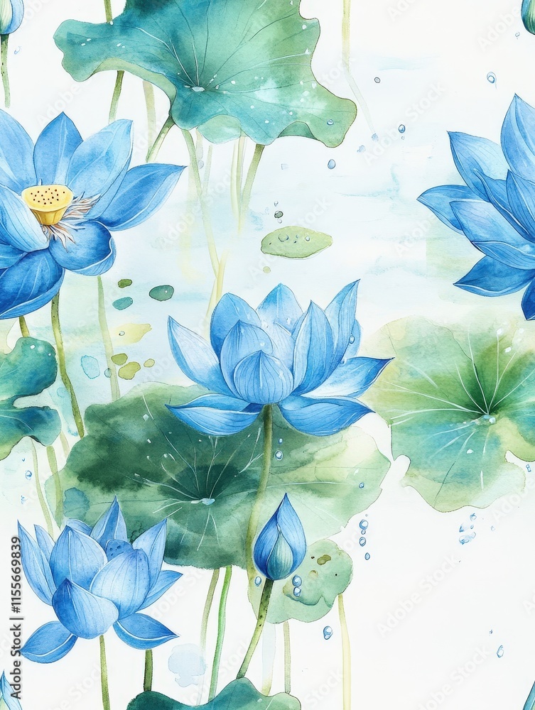 Obraz premium Serene Watercolor Illustration of Blue Lotus Flowers Surrounded by Lush Green Leaves in a Tranquil Aquatic Setting