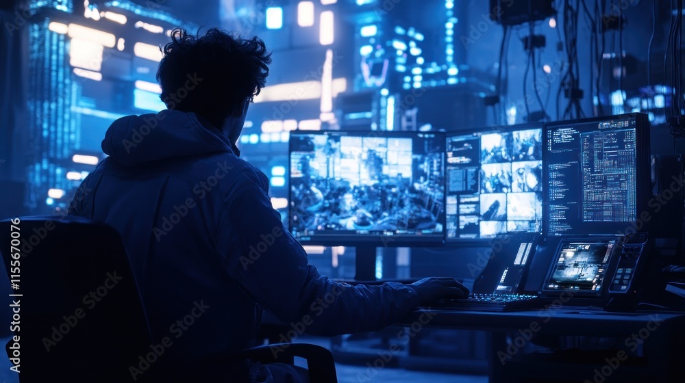 Hacker working late at night in front of multiple monitors, analyzing data streams. Hacker working late at night in front of multiple monitors, analyzing data streams.