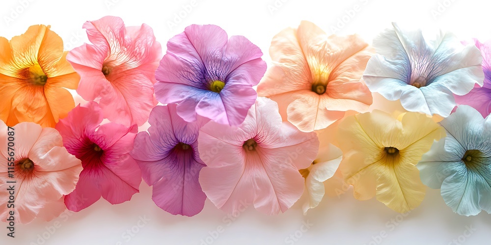 A colorful array of petunias in soft pastel tones, creating a serene vibe against a bright white background. A colorful array of petunias in soft pastel tones, creating a serene vibe against a bright white background.