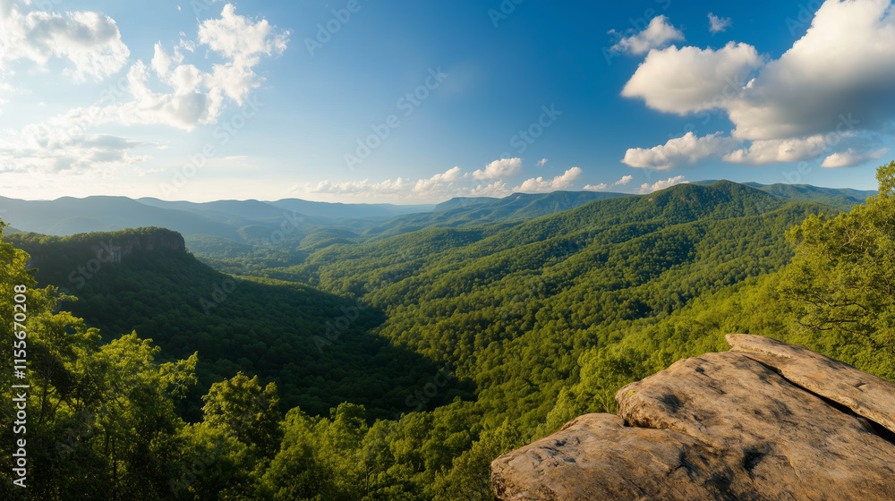 Obraz premium Lush mountain landscape under a bright blue sky in summer with fluffy clouds and distant hills