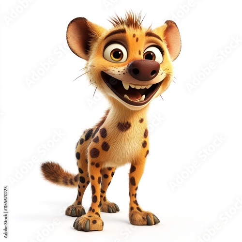 Cute cartoon hyena cub with spots, standing and smiling.