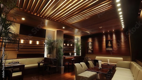 Contemporary living room with a slatted wooden ceiling and integrated downlights photo