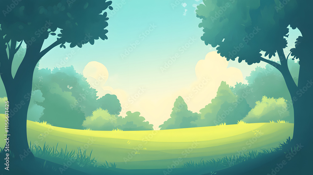 Fototapeta premium Serene Summer Meadow Landscape With Lush Trees