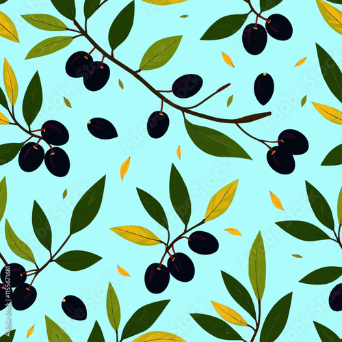 Olive Branches and Leaves Pattern on Blue Background