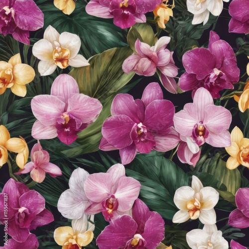 Wallpaper Mural Intricate yellow and purple orchids with vivid green leaves, on dark starry background, creating perfect blend of elegance and natural beauty for floral art and designs. Torontodigital.ca