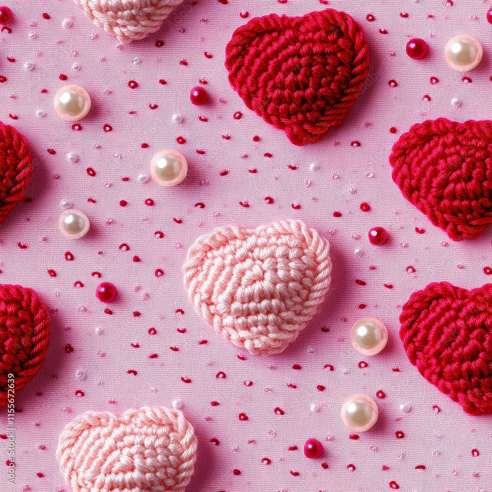 Fototapeta premium Beautiful Arrangement of Crocheted Hearts in Vivid Shades of Pink and Red on a Soft Pink Background with Decorative Pearls