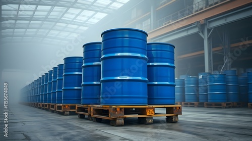 blue barrel drum on pallets in a warehouse, in a strong moody style. Thick fog creates low visibility and low contrast. The image represents the chemical manufacturing industry photo