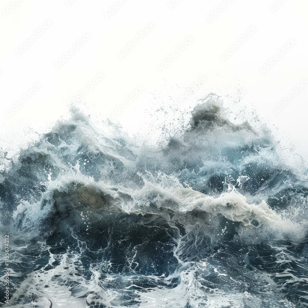 Powerful ocean wave breaking and splashing, creating white foam on a white background Powerful ocean wave breaking and splashing, creating white foam on a white background