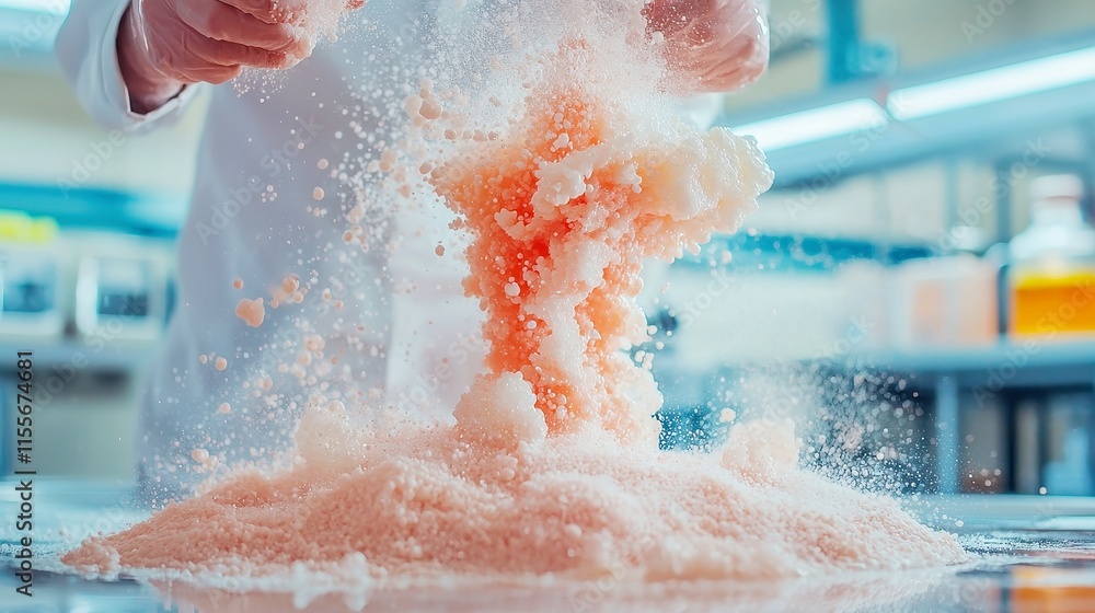 Fototapeta premium Humorous Home Science Experiment, engaging closeup of a playful volcanic eruption demonstration, showcasing chemistry concepts through an entertaining school project.