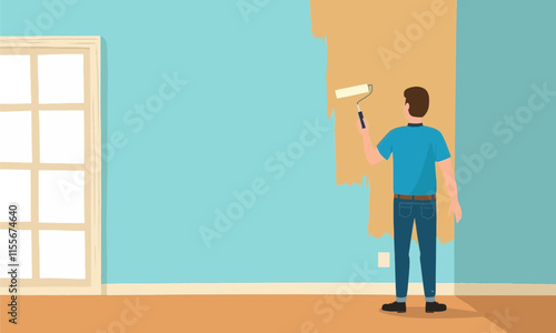 Man Painting Wall Turquoise Near Window