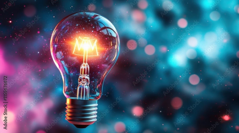 A glowing light bulb against a vibrant cosmic background, symbolizing creativity, innovation, and the fusion of technology with the universe. A glowing light bulb against a vibrant cosmic background, symbolizing creativity, innovation, and the fusion of technology with the universe.