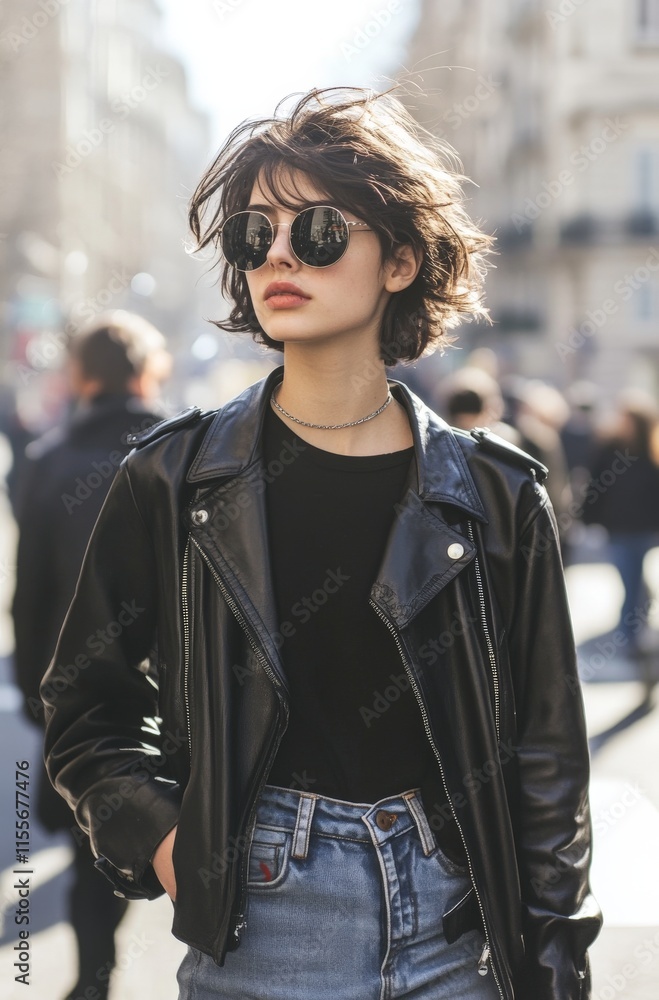 Fototapeta premium Young caucasian female in leather jacket and sunglasses walking in urban setting