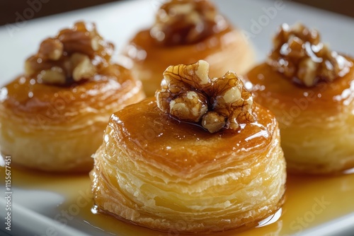 Golden puff pastries, topped with honey and walnuts photo