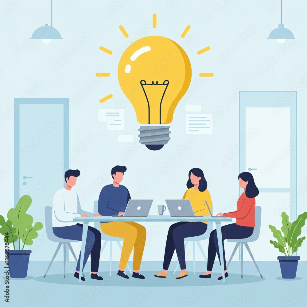 Brainstorming Session in Modern Office - Creative Teamwork Around Light Bulb Icon Brainstorming Session in Modern Office - Creative Teamwork Around Light Bulb Icon