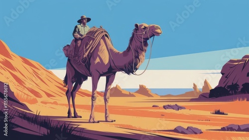 A drover with a camel carrying goods in a wilderness desert setting with rocky terrain and distant mountains photo