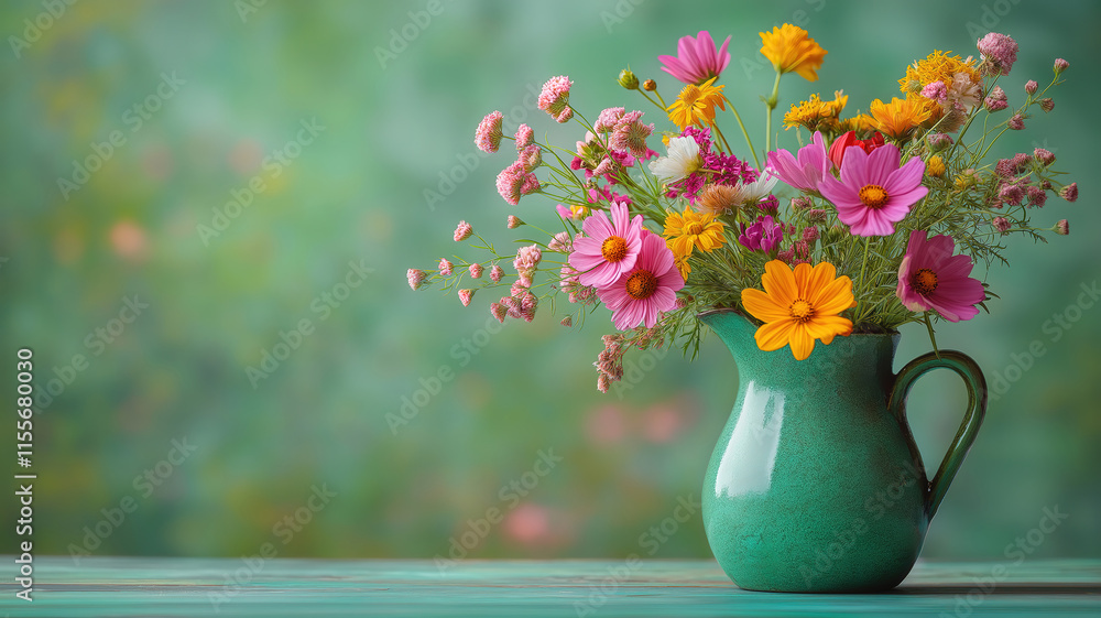A green ceramic pitcher holding a bright wildflower bouquet with A green ceramic pitcher holding a bright wildflower bouquet with