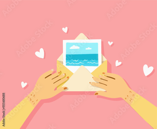 Hands opening envelope with beach postcard, hearts floating