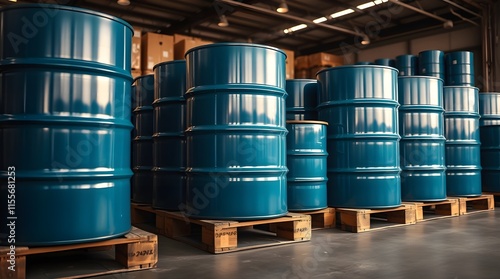 blue barrel drum on pallets in a warehouse, in a strong moody style. Thick fog creates low visibility and low contrast. The image represents the chemical manufacturing industry photo