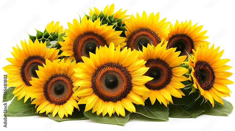 Fototapeta premium Bright sunflower clusters with golden petals and green foliage, isolated on a solid white background.
