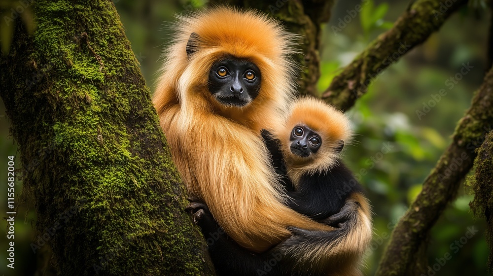 Obraz premium Golden langur mother holding her baby on a mossy tree in a lush forest.