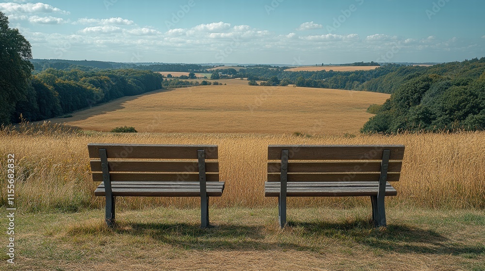 Peaceful Countryside Landscape with Benches Under Blue Sky Peaceful Countryside Landscape with Benches Under Blue Sky