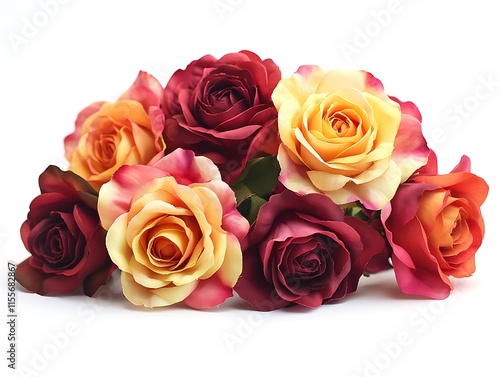 Colorful roses in full bloom with hues of red, yellow, and orange, creating a stunning visual on a solid white background. photo