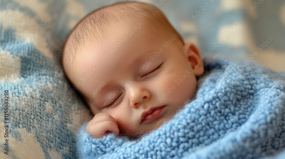 Sleeping baby wrapped in soft blue blanket, peaceful and serene. gentle expression and cozy setting evoke feelings of warmth and tenderness Sleeping baby wrapped in soft blue blanket, peaceful and serene. gentle expression and cozy setting evoke feelings of warmth and tenderness