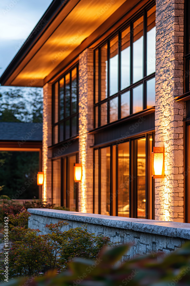 Obraz premium A modern luxury house in the mountains, exterior view of the front wall at night with warm lighting and decorative lights, large windows, red brick walls, Japanese-style architecture.