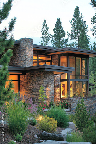 A modern, luxury home in the high desert of Colorado with large windows and stone exterior walls. Greenery is everywhere, and native plants surround every part of your house.