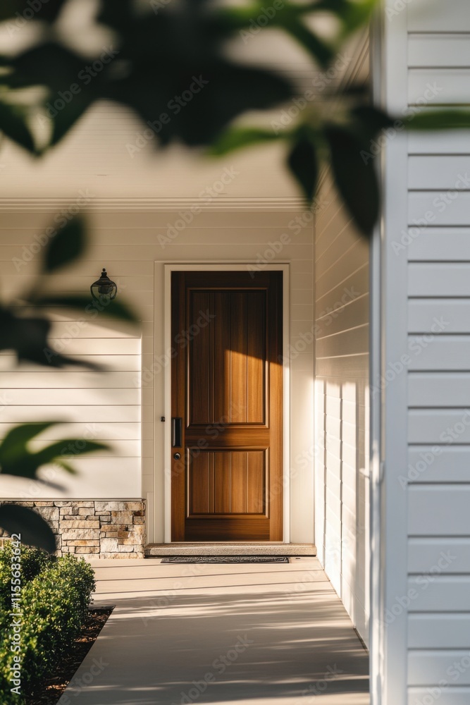 Fototapeta premium A close-up shot of the front door to an American-style home, showcasing its natural wood finish and classic design. The entrance is framed by white siding on one side, with sunlight.